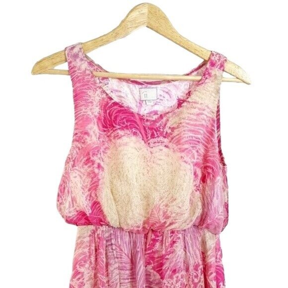 Postmark Rosy Plumes Dress Pink Size 00 Tan Lined Sleeveless Silk Anthropologie - Picture 2 of 6
